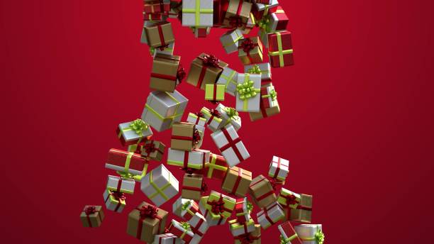 Gifts falling from the sky, christmas present boxes fills the screen. stock photo
