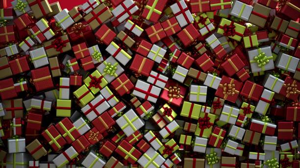 Gifts falling from the sky, christmas present boxes fills the screen. stock photo