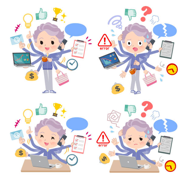eine reihe älterer frauen in blauen trikots, die multitasking im büro durchführen - blitzbeleuchtung grafiken stock-grafiken, -clipart, -cartoons und -symbole