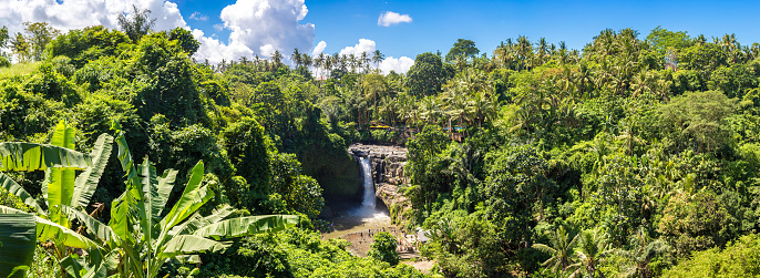 Panorama of  Tegenungan Waterfall on Bali, Indonesia in a sunny day
