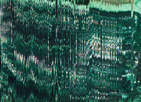 Glitch background. Color distortion. Static interference. Abstract sequin texture. Dark green white digital noise drip lines defect overlay.