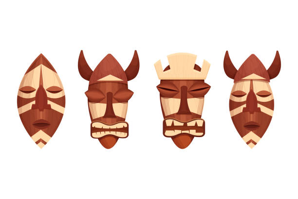 Set African tribal wooden mask, totem face, aborigine avatar in cartoon style isolated on white background. Detailed objects. Vector illustration Set African tribal wooden mask, totem face, aborigine avatar in cartoon style isolated on white background. Detailed objects. Vector illustration tiki mask stock illustrations