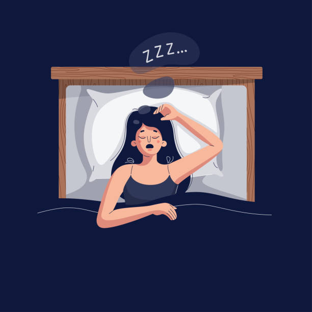 ilustraciones, imágenes clip art, dibujos animados e iconos de stock de ilustración vectorial de ronquidos. mujer acostada en la cama, ronca fuertemente con la boca abierta mientras duerme profundamente. persona femenina atrapando algunos zzz's. apnea del sueño, ronquidos, concepto de sueño rápido para web. diseño plano - roncar