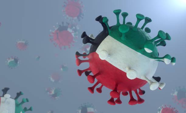 Covid-19 Virus with the Pattern of the Kuwait Flag Corona Virus with the Kuwaiti Flag Print Delta Lambda plus Variant 3D Render stock photo