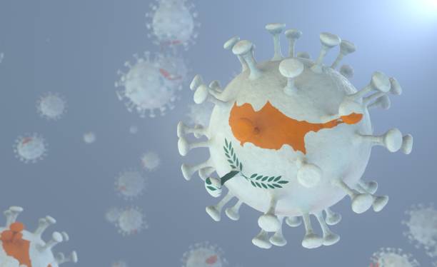 Covid-19 Virus with the Pattern of the Cyprus Flag Corona Virus with the Cypriot Flag Print Delta Lambda plus Variant 3D Render stock photo