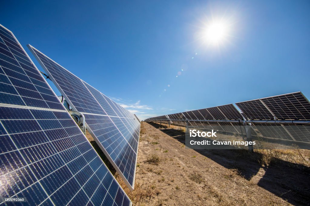 Solar farm in Central California Solar farm in Central California in United States, California, Central Solar Power Station Stock Photo