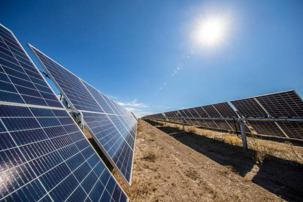 Solar farm in Central California stock photo
