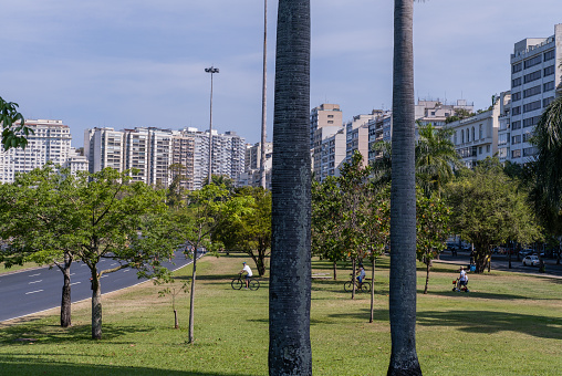 Rio de Janeiro city, Rio de Janeiro state, Brazil - October 03, 2021:People strolling and exercising on a sunday summer day in Flamengo park, Rio.