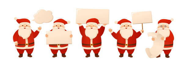 Christmas Santa Claus holding blank sign board copy space advertisement banner Christmas Santa Claus holding blank sign board copy space. Funny character and advertisement banner set. Happy New Year congratulation or sale, blank banner. Design xmas mockup or postcard vector presentation speech borders stock illustrations