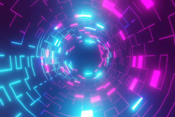 istock 3D rendering background. Dark future background and circle tube wireframe with blue light reflection. showcase for products backdrop 1355196285