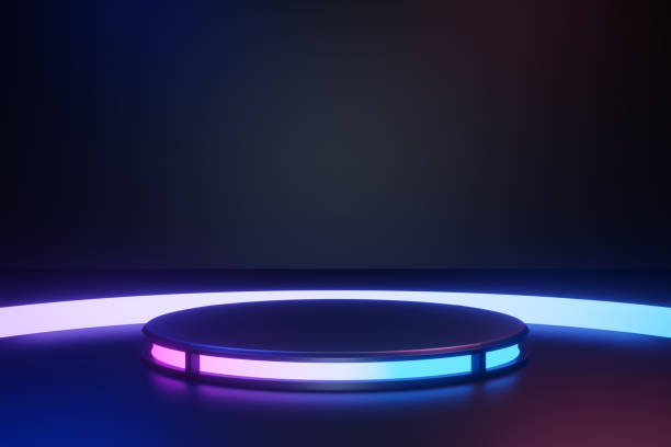 istock 3D rendering background. Black cylinder stage podium with blue pink light around reflect on dark background. 1355196334