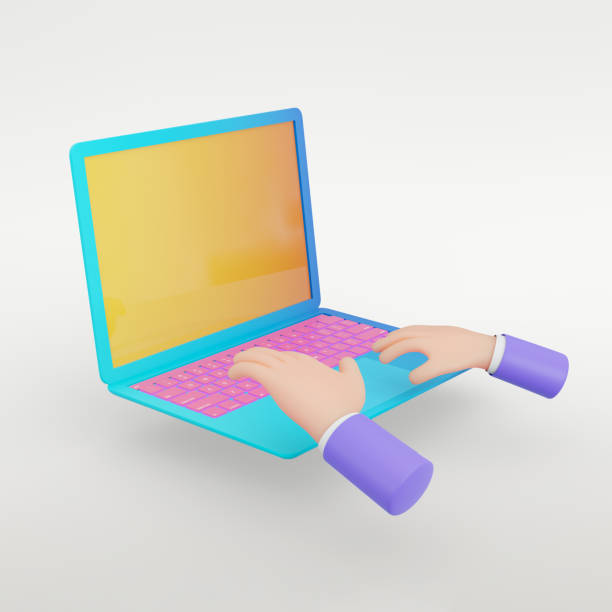 istock 3D rendering object. Colorful blue laptop with yellow screen and pink keyboard with hands operation isolated white background. Clipping path image. 1355196357