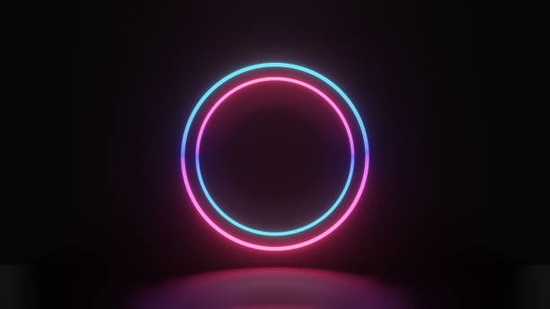 istock 3d render of pink blue light circle and reflect on dark background, abstract minimal concept, blank space, simple clean design 1355196404