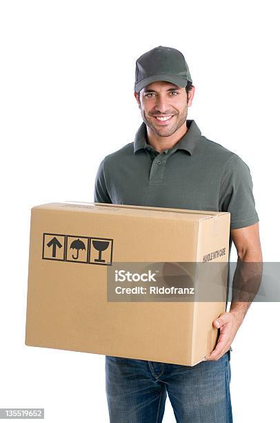 Happy Courier With Box Stock Photo - Download Image Now - Delivery Person, Box - Container, White Background