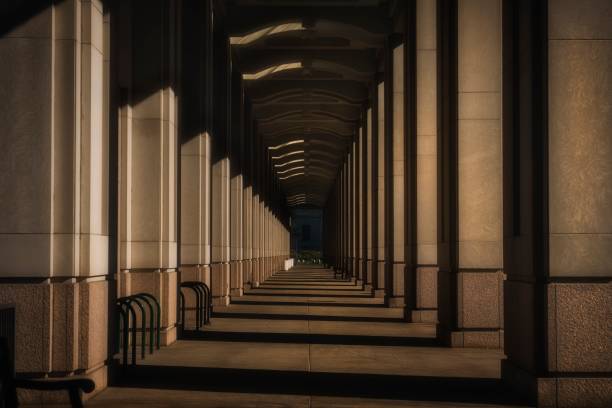 indiana architecture walkway in shadows stock photo