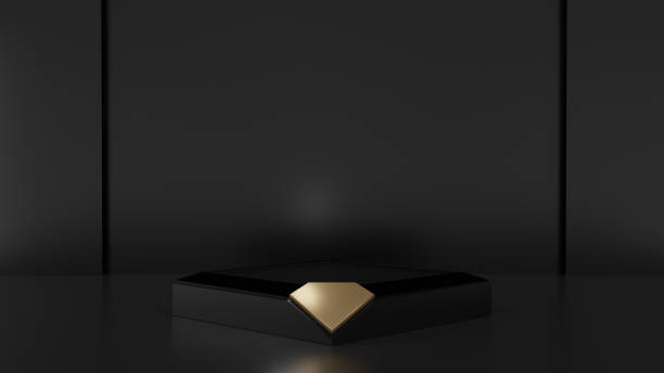 istock 3d rendered illustration with geometric shapes with diamond gold sign. black steps cube podium platforms for cosmetic product presentation. Abstract composition in modern style. mock up minimal design with empty space 1355197224