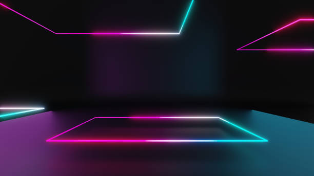 istock 3D illustration rendering. Color neon light square shape in a dark room with perspective view. futuristic and technology concepts. 1355197270