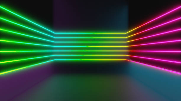 istock 3D illustration rendering. Color neon light line shape in a dark room with perspective view. futuristic and technology concepts. 1355197271