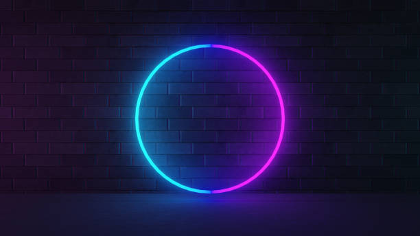 istock 3D illustration rendering. blue pink neon light circle shape with dark brick wall. 1355197277