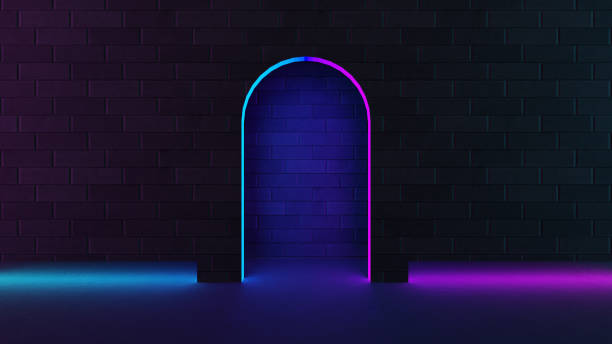 istock 3D illustration rendering. Brick wall with archway blue pink light glow. 1355197283