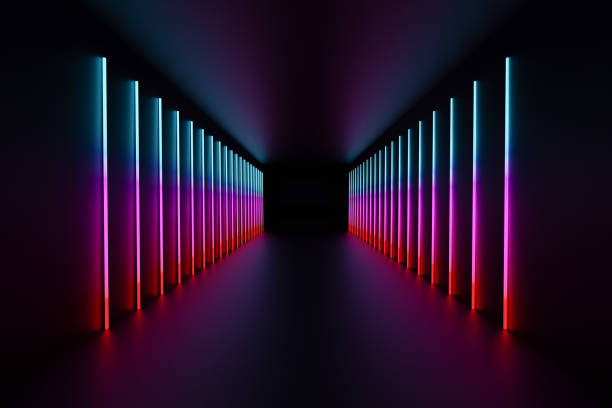 istock 3d rendering illustration, Abstract row of neon lighting background with line lamps glowing with blue red and pink light. Empty studio with a perspective view for presentation 1355197284
