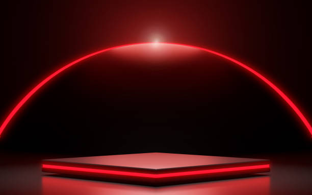 istock Red neon light square shape of product display with circle light background. futuristic and technology concepts, Pedestal, Podium, Stand, 3D Rendering. 1355197292