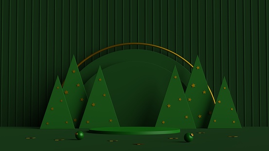 Minimal scene of green podium with geometric shape and pine trees on green background.Merry christmas and happy new year concept.3d rendering illustration.