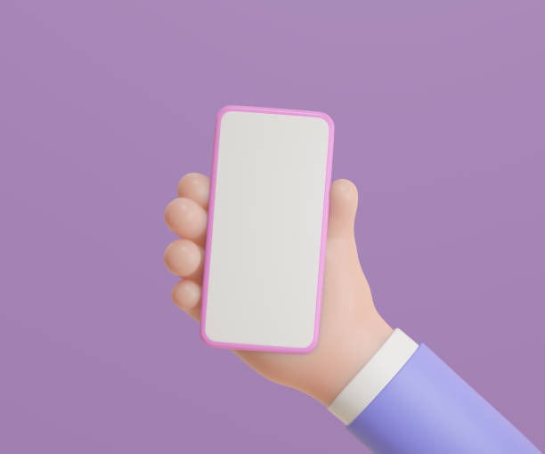 istock 3D Cartoon hands holding smartphone on purple background. 3d Illustration Rendering. 1355199344