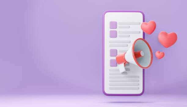 istock Cartoon Megaphone with red heart and smartphone interface on purple. 3d render illustration 1355199367