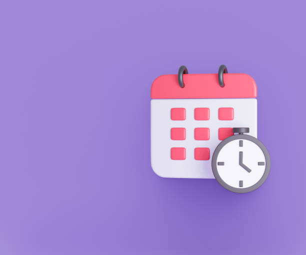 istock 3d Cartoon calendar clock icon on purple background. 3d rendering illustration 1355199438