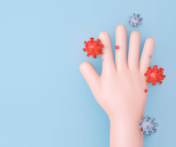 istock 3d cartoon hand with virus cell on clean background. 3D illustration rendering. 1355199463