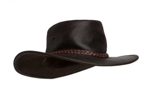 Leather bush hat from Australia. Isolated on white. Square view and shot in an angle so it is possible to put it on the head of a person