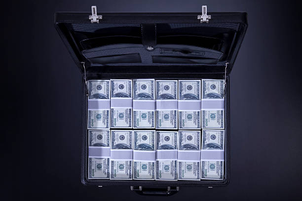 Metallic business suitcase and dollar bills
