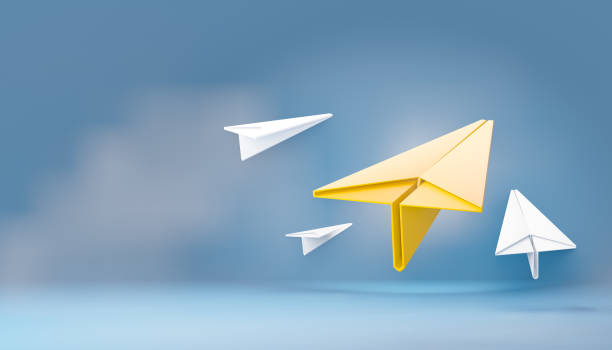 istock 3d yellow paper plane with white paper plane on blue sky background. 3D illustration rendering. 1355201492