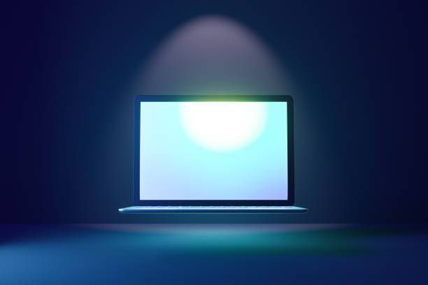 istock Front view of 3d laptop computer with bright display screen on blue dark background. 3D illustration rendering. 1355201534