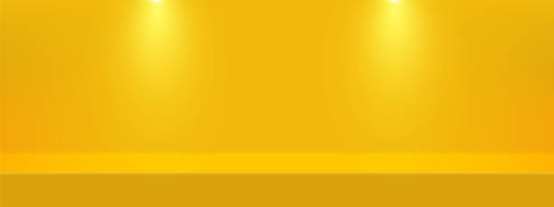 istock Yellow background. Studio scene room with light for product display, advertising, show. 3d stage. Empty floor table horizontal. Vector illustration. 1355202851