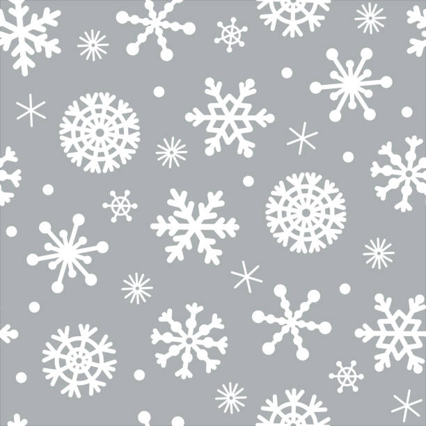 opady śniegu bezszwowy wzór wektorowy. ręcznie rysowana ilustracja. białe eleganckie płatki śniegu na srebrnym tle. piękne kryształki lodu, zamieć. świąteczne tło do dekoracji, projektowania tekstyliów, drukowania. - backdrop decoration frost ice stock illustrations