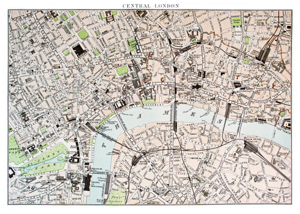 런던 센트럴 지도 1878 - london england old fashioned england old stock illustrations