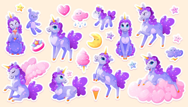 ilustrações de stock, clip art, desenhos animados e ícones de sticker pack with magic unicorn, cute cartoon pony - unicorn pony horse cartoon