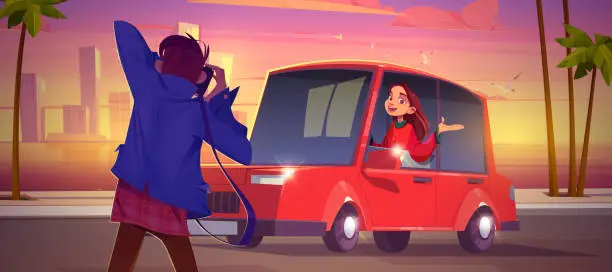 Vector illustration of Photographer shoot woman sitting in red sedan car