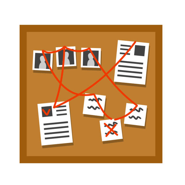 istock Board with papers, photos and documents and red thread or rope. Decoration for investigation and detective. Deduction and logical thinking. Flat cartoon 1355215610