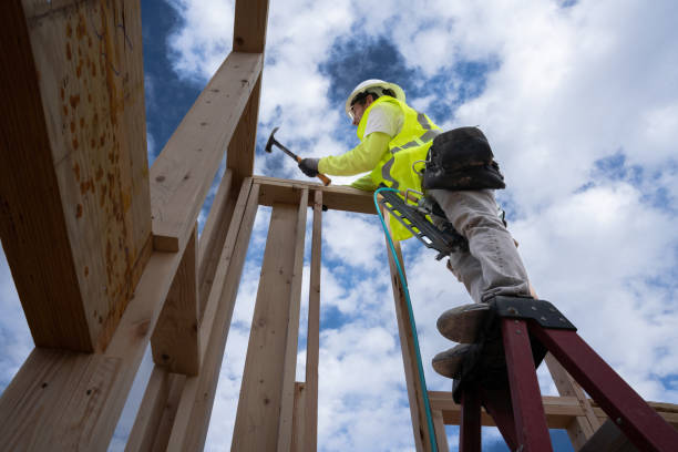istock Carpenter Framer nailing a wall together up-looking view standing on a ladder working on the top of the wall with a beautiful sky above 1355215847