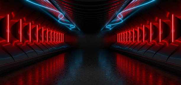 istock Sci Fy neon lamps in a dark corridor. Reflections on the floor and walls. 3d rendering image. 1355218243