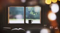 istock Rainy scenery seen from a comfortable cafe - Raindrops flowing by the window) 1355218357
