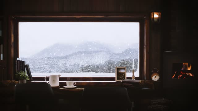Fireplace, coffee, and a snowy view from the warm mountain hut