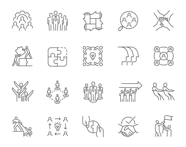 ilustraciones, imágenes clip art, dibujos animados e iconos de stock de conjunto de iconos de contorno de trabajo en equipo. - connect togetherness cooperation connection