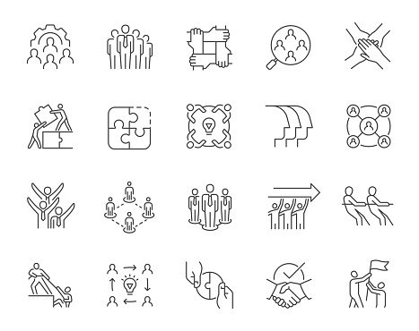 Set of teamwork and support related line icons. Line web elements. Editable stroke.
