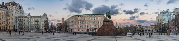 Monument to Bohdan Khmelnitsky and St. Sophia Cathedral in Kiev. View of the Monument to Bohdan Khmelnitsky and St. Sophia Cathedral against the backdrop of the sunset sky. cossack stock pictures, royalty-free photos & images