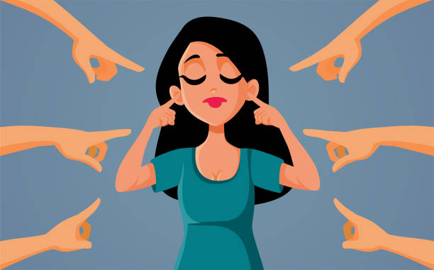Woman Ignoring People Blaming Her for No Reason Vector Cartoon Girl covering her ears not listening to the critics pointing at her avoidance stock illustrations