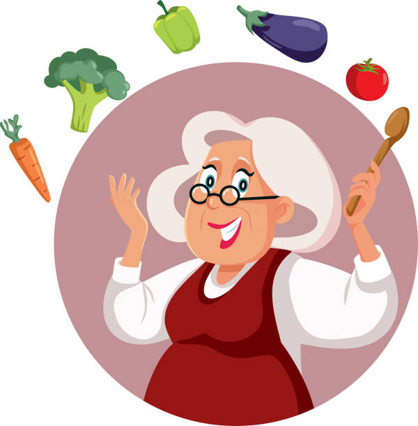 Happy Grandma Cooking with Fresh Ingredients Vector Cartoon Elderly woman preparing a healthy meal following traditional recipe mature woman healthy eating stock illustrations